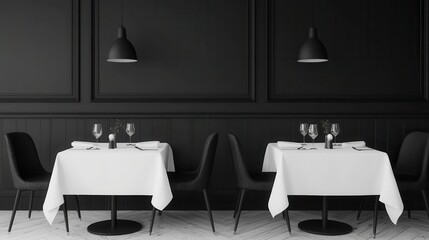 Elegant restaurant with simple blackandwhite decor, minimalist tables, and soft lighting, monochrome dining room, sophisticated, cozy