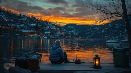 Woman sits on dock at sunset, fishing rod beside her, lantern nearby, overlooking waterfront village and mountains.