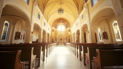 Majestic Cathedral Interior with Sunlight Streaming Through Arched Windows for Peaceful Reflection : Generative AI