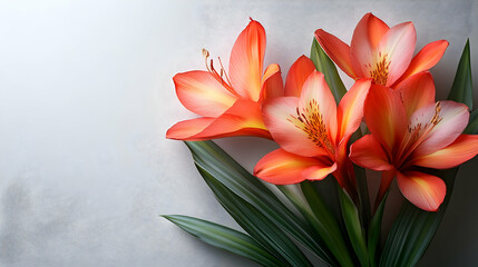 Fototapeta premium A vibrant bouquet of orange lilies with green leaves against a soft background.