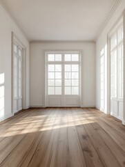 Empty Room with Wooden Floor and Large Windows
