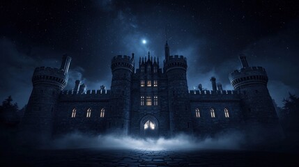 A dark, atmospheric castle looms under a starry night sky, shrouded in mist, evoking a sense of mystery and enchantment.
