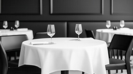 Elegant restaurant with simple blackandwhite decor, minimalist tables, and soft lighting, monochrome dining room, sophisticated, cozy
