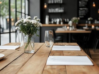 Modern restaurant with a neutral color palette, simple wooden tables, and large windows, neutral minimalist restaurant, chic, airy