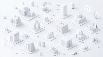 Fototapeta premium A minimalist, isometric cityscape featuring white buildings, streets, and greenery, creating a serene urban environment.