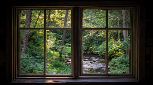 Fototapeta Serene forest stream view through rustic double-pane window.