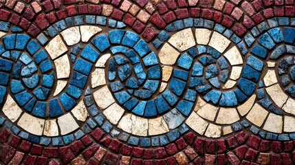 Abstract swirling mosaic tile pattern in blue, red, and beige.
