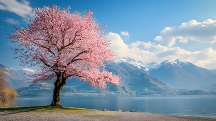 A magnificent and beautiful cherry blossom tree standing alone, with beautiful mountain and lake...