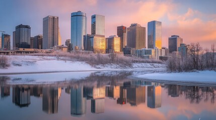 Naklejka premium Stunning sunrise cityscape reflected in a frozen river.