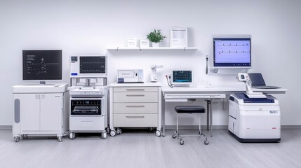 A modern medical workstation featuring advanced equipment and monitors, designed for efficient healthcare delivery and patient monitoring.