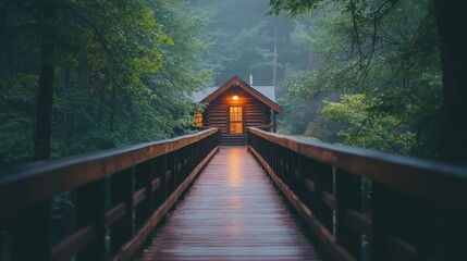 Fototapeta premium Misty morning view of a cozy wooden cabin at the end of a bridge.