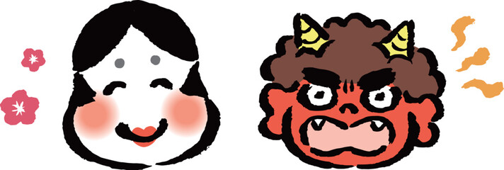 赤鬼とお多福　顔のみ　筆タッチ手描きイラスト