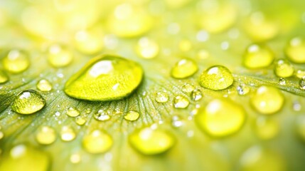 Fototapeta premium Close-up of dew drops on a vibrant green leaf.