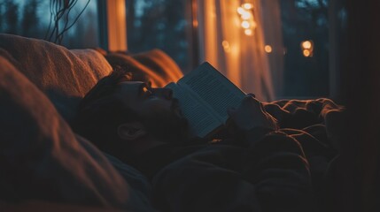 Obraz premium Man relaxing on a couch, reading a book at night, warm lighting.