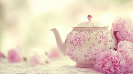 Pastel pink floral teapot and peonies on lace.