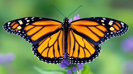Fototapeta premium Monarch butterfly perched on purple flower, wings spread wide, showcasing vibrant orange, black, and white patterns against a blurred green background.