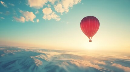 Fototapeta premium Red hot air balloon soaring over a scenic landscape at sunset.
