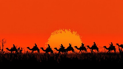 Caravan of camels silhouetted against a fiery sunset in the desert.