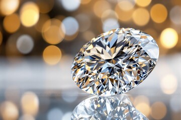 Fototapeta premium Brilliant diamond with intricate cuts on a reflective surface, surrounded by warm bokeh light effects, symbolizing luxury and elegance. Ai generative
