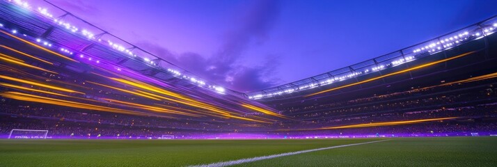 Night soccer stadium with purple and gold lights.