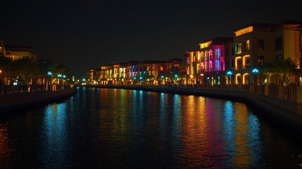 Night view of colorful buildings reflected in a calm canal.