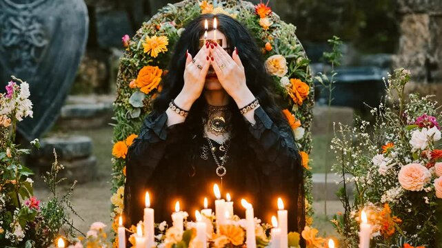 Mystic Ritual: Gothic Priestess with Flowers and Candles 