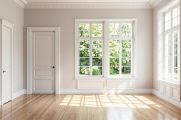 Sunlit interior with big white windows, clean wooden floors, light walls, and lush greenery visible outside. Concept of spacious, serene living. Ai generative.