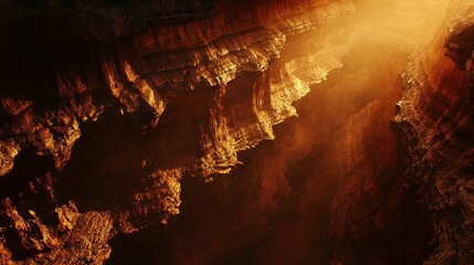 Sunbeam illuminating a deep, textured cave.