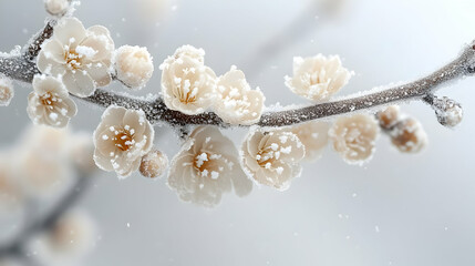 Fototapeta premium A close-up of snow-covered white flowers on a branch, creating a serene winter scene.