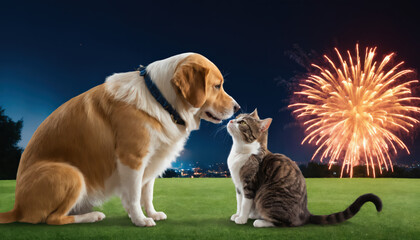 Obraz premium A dog and a cat scared by fireworks.