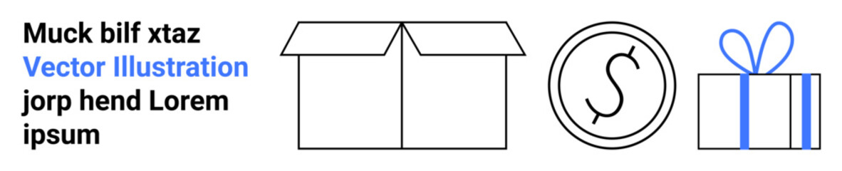 Open shipping box, dollar coin, and gift box with bow. Ideal for e-commerce, shipping, savings gifts business promotions packaging. Landing page. Line metaphor. Simple line icons