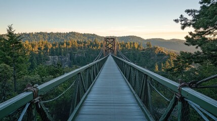 Obraz premium Pedestrian suspension bridge over a lush green valley at sunrise.