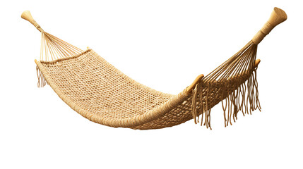 Obraz premium Handwoven Beige Hammock, Relaxing Rope Swing, Woven, Natural Fiber, Bohemian, Summer Vacation, Beach