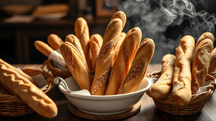 A table with several baskets of bread and a white bowl of bread