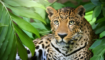Obraz premium Leopard in green leaves. Animal portrait. Wild predator in natural habitat. Nature beauty, wildlife