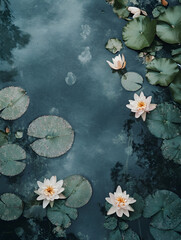 Tranquil Pond with Water Lilies and Reflections of Sky for Peaceful Nature and Garden Themes : Generative AI