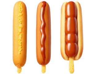 Corn dogs All-beef hot dogs dipped in sweet cornbread batter, creative sauce, transparent bg, vibrant yellows and reds