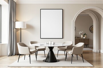 Elegant dining room with a blank vertical poster on a beige wall, modern furniture, wooden floor, and soft daylight. Concept of interior design. Ai generative