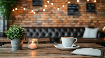 Rustic coffee shop with wood finishes, cozy leather couches, and soft candlelight, candlelit coffee shop, warm, charming