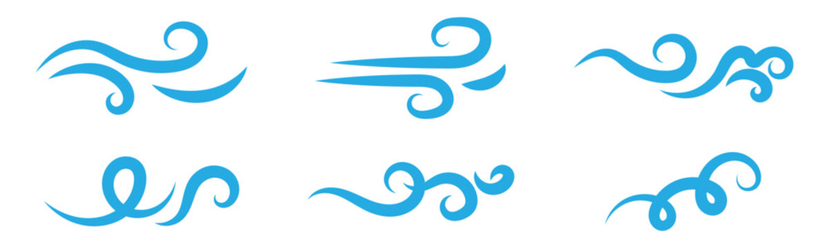 Wind icon set in blue design. Vector line art illustration isolated on white background