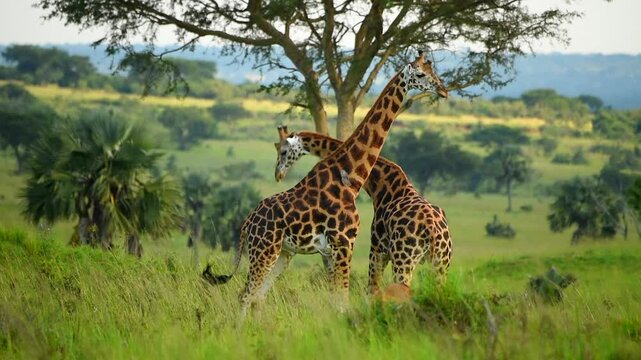Two Giraffes rubbing necks in Uganda grassland