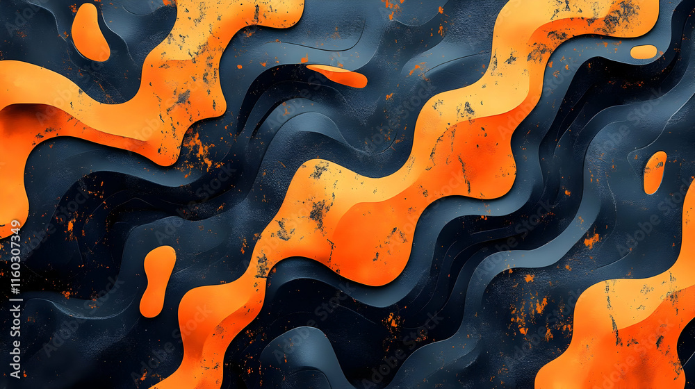 Poster abstract design featuring waves of orange and black, creating a dynamic visual effect.
