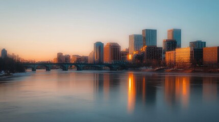 Fototapeta premium Cityscape at sunset, river, bridge, buildings, reflection, winter, calm.