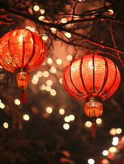 Glowing Red Chinese Lanterns Hanging Outdoors at Night for Festive Celebration : Generative AI
