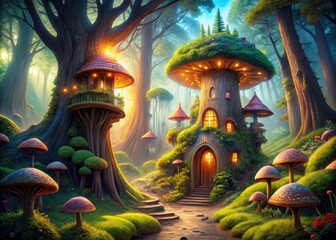 Fototapeta premium A digital painting of an enchanted forest, showcasing a fantastical treehouse in a whimsical landscape.