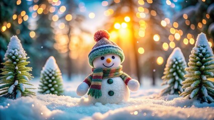 Obraz premium Adorable tilt-shift captures a festive snowman in a whimsical winter wonderland.