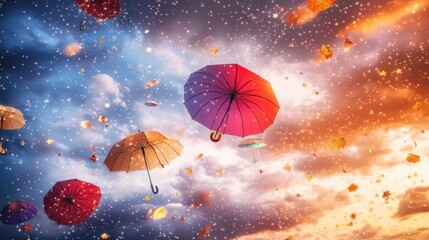Colorful umbrellas and autumn leaves float in a stormy sky.