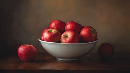 Red apples in a white bowl on a wooden table against a dark background.