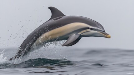 Obraz premium A common dolphin leaps from the ocean, creating a splash.