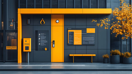 A modern building facade with vibrant orange accents and informational displays.